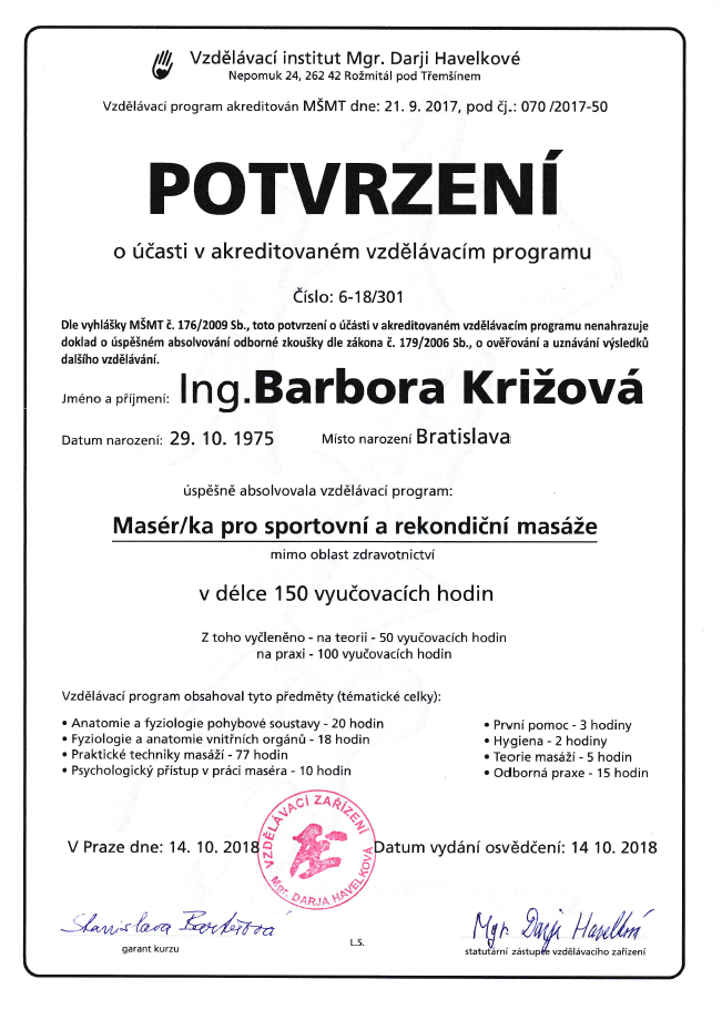 Shiatsu aru-nanta Barbora Krížová - sport massages